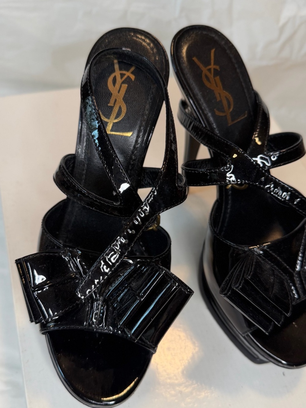 Saint Laurent Black Patent Leather Bow Strappy High Heels - Picture 3 of 10